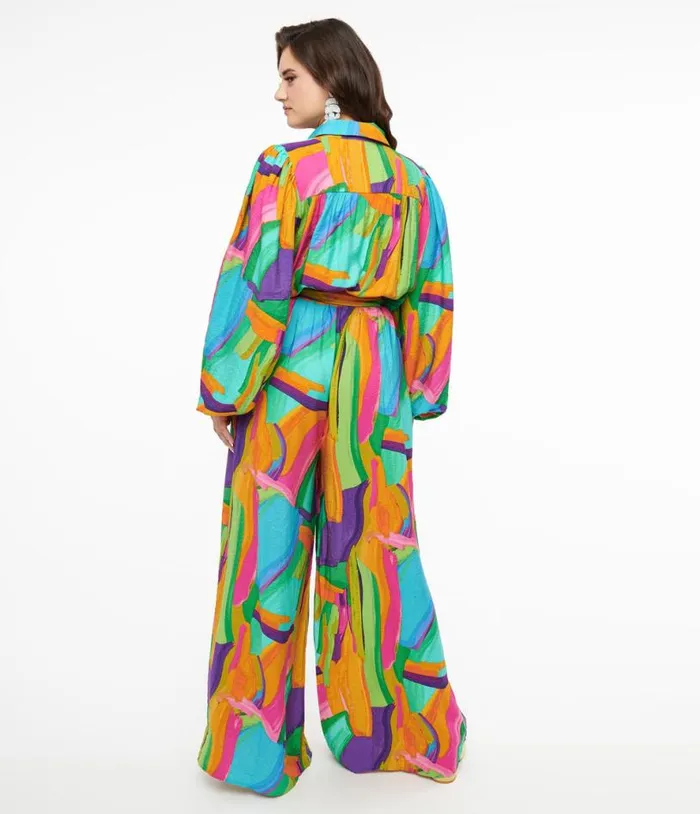1970s Rainbow Geometric Long Sleeve Jumpsuit ClothingPlus Unique Vintage Rompers and Jumpsuits