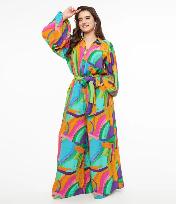 1970s Rainbow Geometric Long Sleeve Jumpsuit ClothingPlus Unique Vintage Rompers and Jumpsuits
