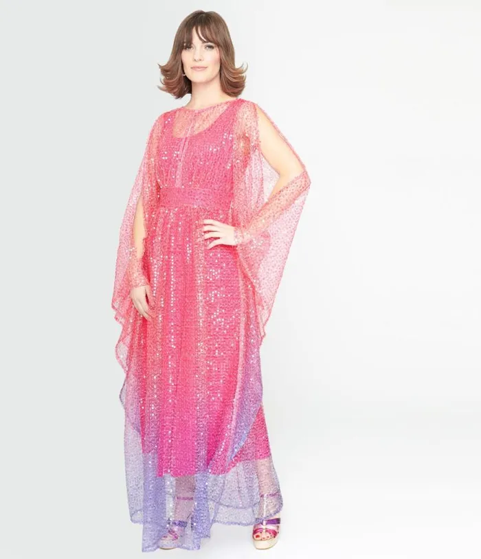 1970s Sheer Pink and Purple Ombre Sequin Flutter Sleeve Caftan DressesPlus Unique Vintage Maxi