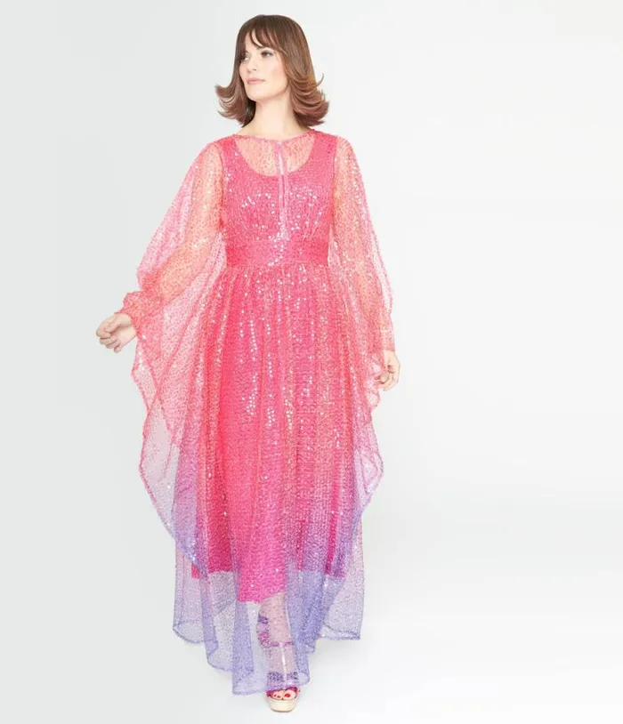 1970s Sheer Pink and Purple Ombre Sequin Flutter Sleeve Caftan DressesPlus Unique Vintage Maxi