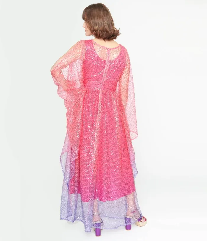 1970s Sheer Pink and Purple Ombre Sequin Flutter Sleeve Caftan DressesPlus Unique Vintage Maxi