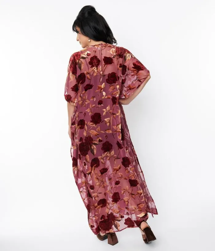 1970s Sheer Red Rose Velvet Burnout Bow Front Caftan DressesPlus Unique Vintage Maxi