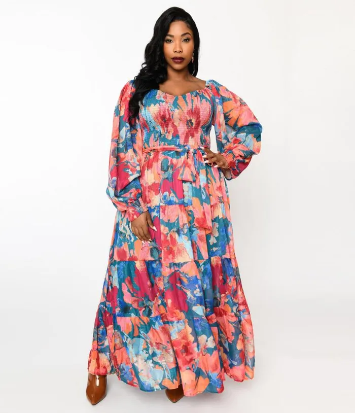 1970s Teal and Coral Floral Maxi Dress DressesPlus Unique Vintage Midi and Maxi 1970s Teal and Coral Floral Maxi Dress DressesPlus Unique Vintage Midi and Maxi