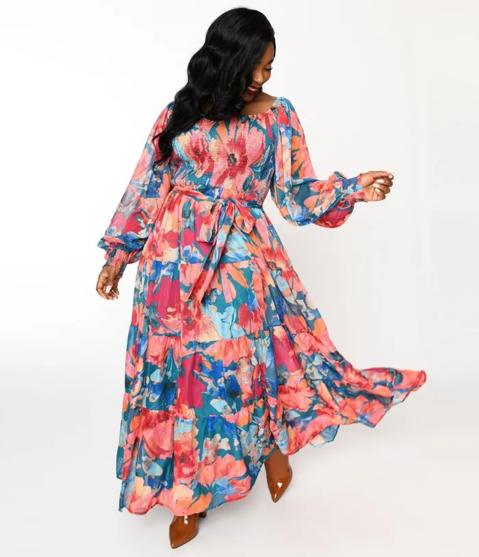 1970s Teal and Coral Floral Maxi Dress DressesPlus Unique Vintage Midi and Maxi