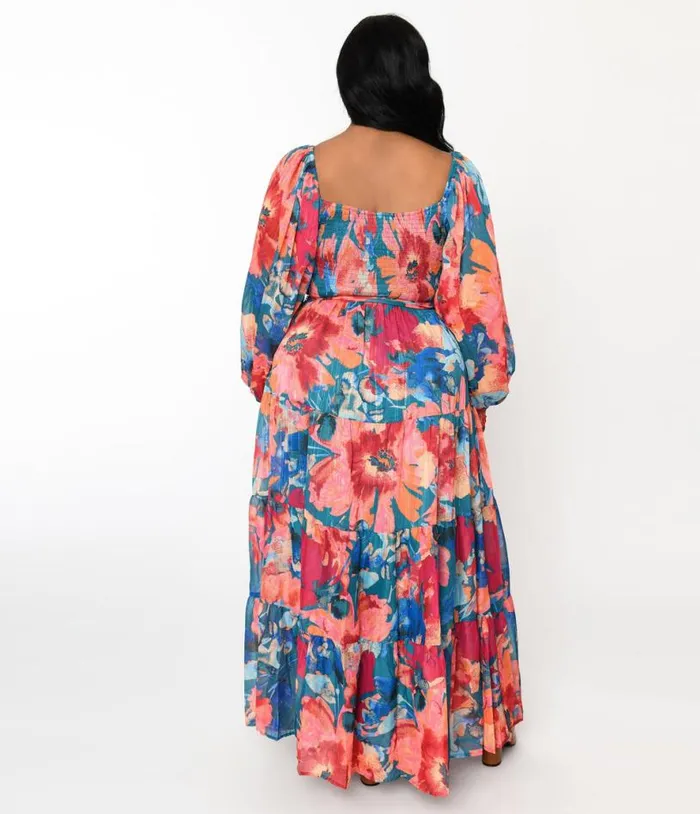 1970s Teal and Coral Floral Maxi Dress DressesPlus Unique Vintage Midi and Maxi