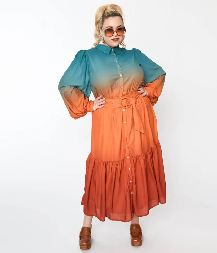 1970s Teal and Rust Gradient Maxi Shirt Dress DressesPlus Unique Vintage Midi and Maxi