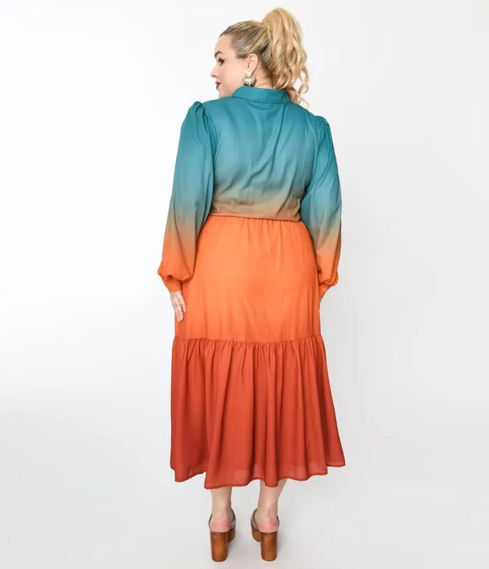 1970s Teal and Rust Gradient Maxi Shirt Dress DressesPlus Unique Vintage Midi and Maxi