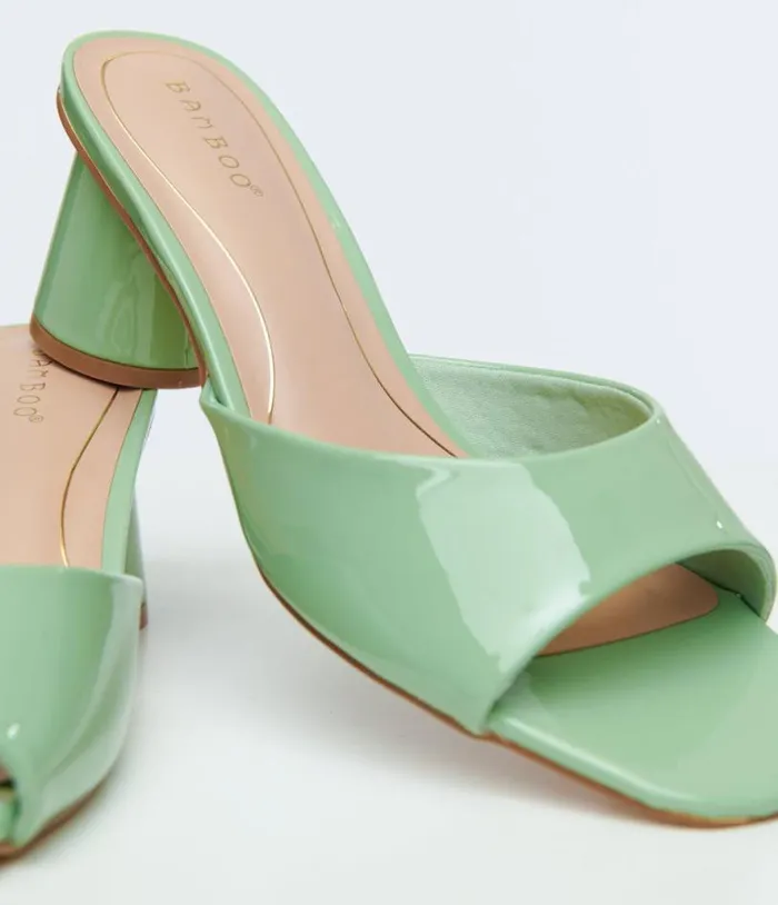 1990s Sage Green Square Toe Mules Shoes Unique Vintage Heels