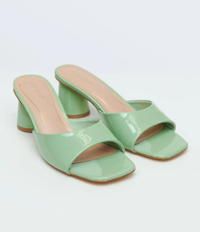 1990s Sage Green Square Toe Mules Shoes Unique Vintage Heels