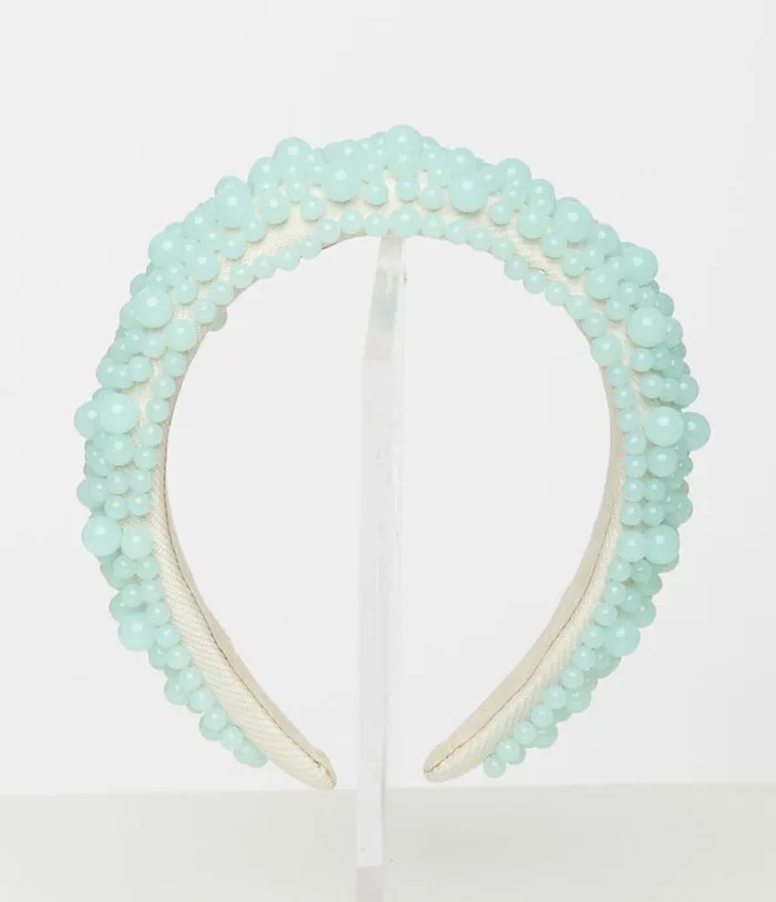 Aqua Blue Beaded Headband Accessories Unique Vintage Headbands