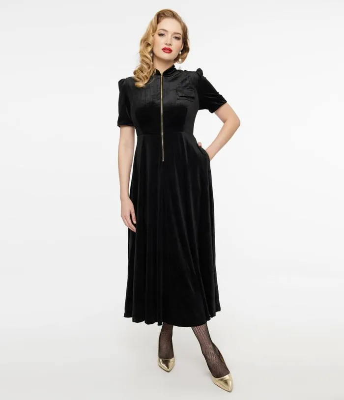 Audrey K Black Velvet Taboo Maxi Dress DressesPlus Unique Vintage Midi and Maxi
