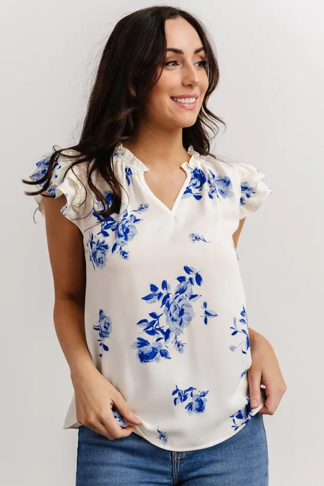 Baltic Born Blouses and Shirts Estelle Ruffle Top Cream Blue Floral 8211 Women Baltic Born Blouses and Shirts Estelle Ruffle Top Cream Blue Floral 8211 Women