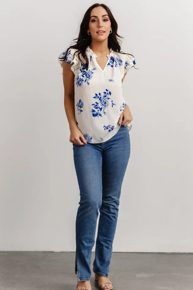 Baltic Born Blouses and Shirts Estelle Ruffle Top Cream Blue Floral 8211 Women