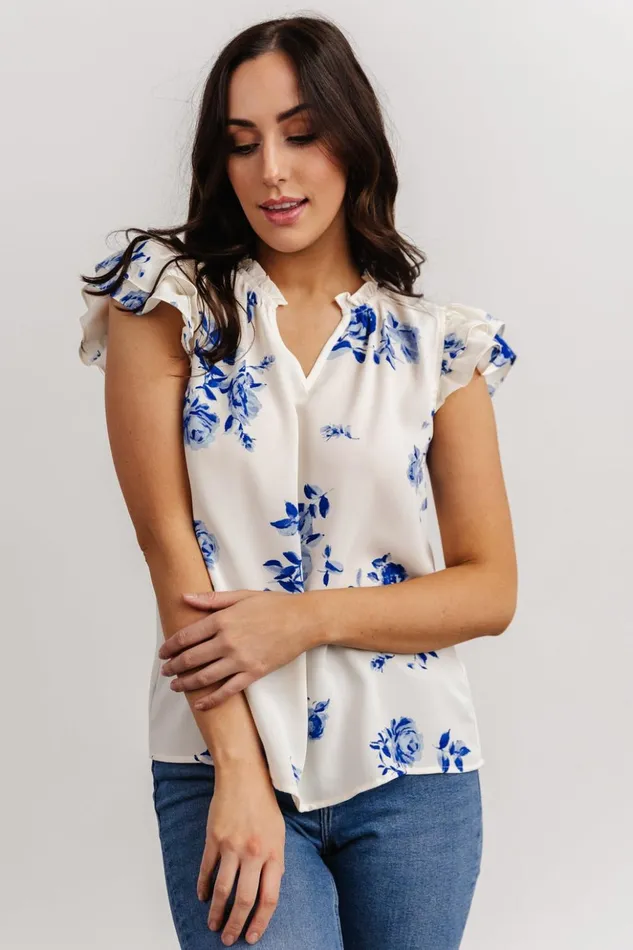 Baltic Born Blouses and Shirts Estelle Ruffle Top Cream Blue Floral 8211 Women