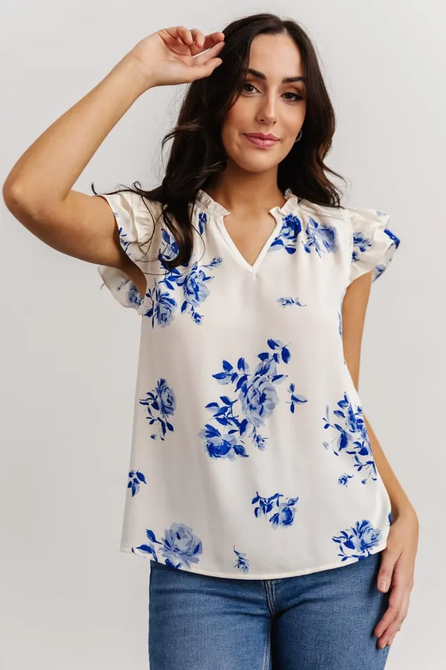 Baltic Born Blouses and Shirts Estelle Ruffle Top Cream Blue Floral 8211 Women