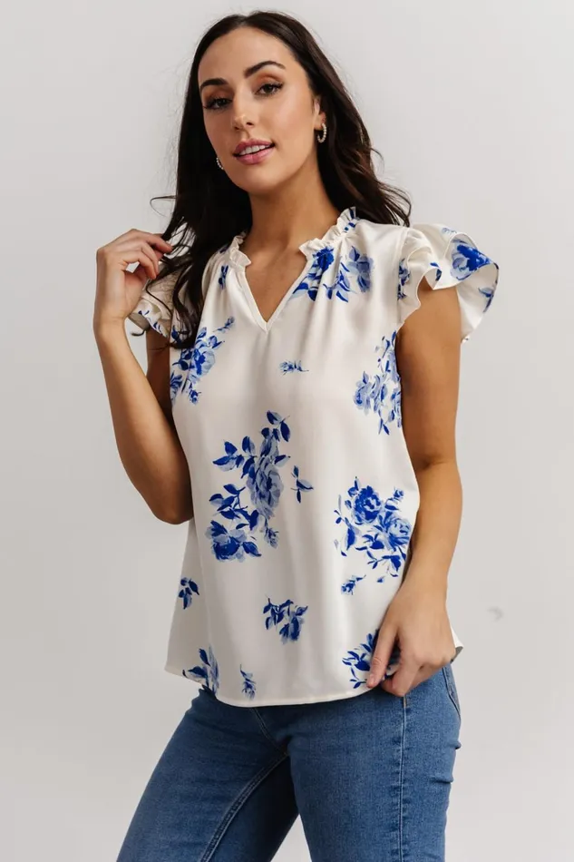 Baltic Born Blouses and Shirts Estelle Ruffle Top Cream Blue Floral 8211 Women