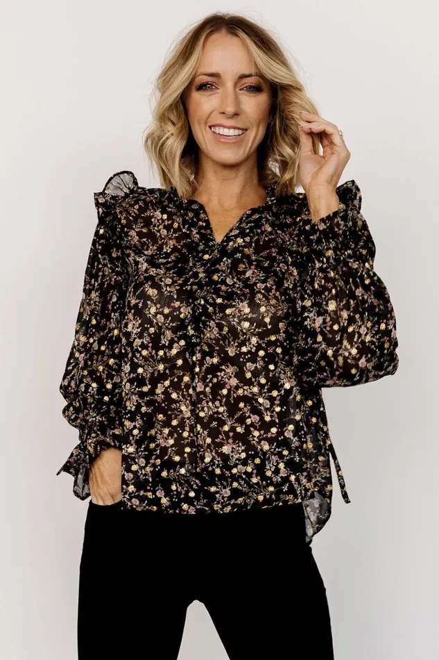 Baltic Born Blouses and Shirts Fable Sheer Ruffle Top Black Floral 8211 Women