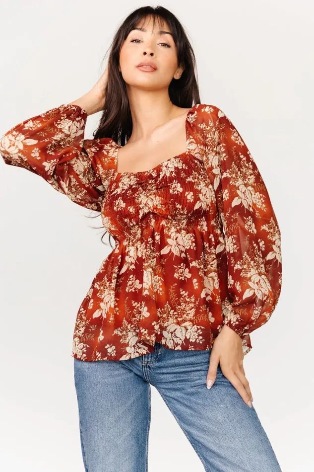 Baltic Born Blouses and Shirts Fenna Smocked Top Rust Floral 8211 Women
