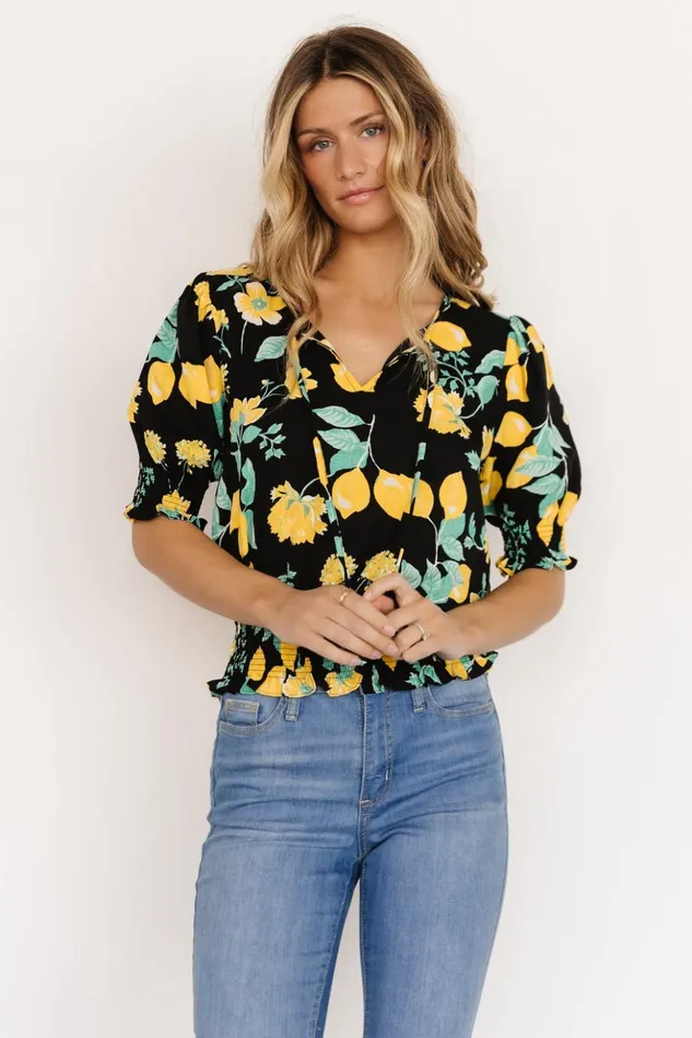 Baltic Born Blouses and Shirts Limon Smocked Waist Top Black Multi 8211 Women Baltic Born Blouses and Shirts Limon Smocked Waist Top Black Multi 8211 Women