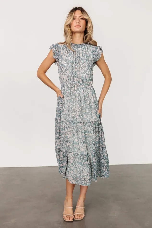 Baltic Born Midi Dresses Azia Ruffle Sleeve Midi Dress Blue Pink 8211 Women
