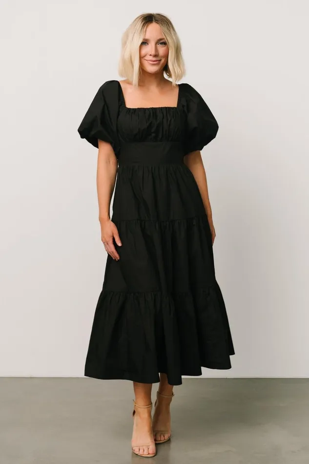 Baltic Born Midi Dresses Cindy Puff Sleeve Tiered Dress Black 8211 Women