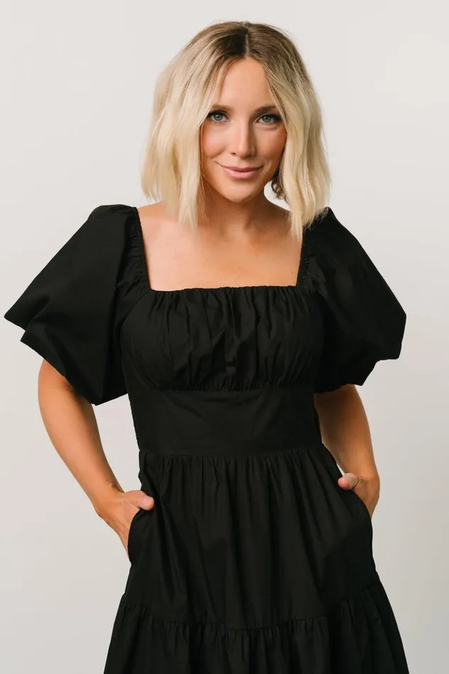 Baltic Born Midi Dresses Cindy Puff Sleeve Tiered Dress Black 8211 Women Baltic Born Midi Dresses Cindy Puff Sleeve Tiered Dress Black 8211 Women