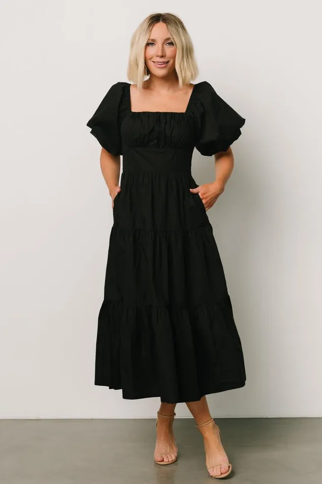 Baltic Born Midi Dresses Cindy Puff Sleeve Tiered Dress Black 8211 Women Baltic Born Midi Dresses Cindy Puff Sleeve Tiered Dress Black 8211 Women