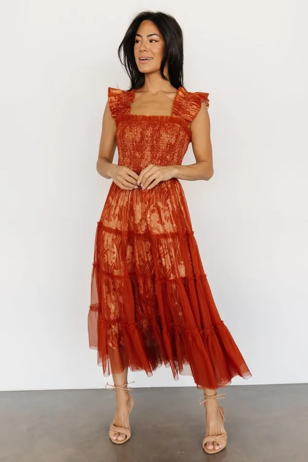 Baltic Born Midi Dresses Cora Smocked Tulle Dress Rust Floral 8211 Women
