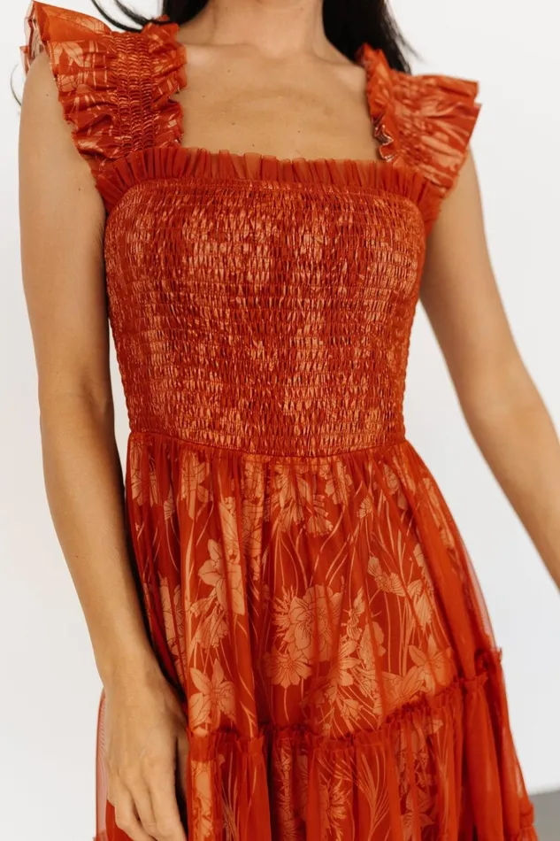 Baltic Born Midi Dresses Cora Smocked Tulle Dress Rust Floral 8211 Women Baltic Born Midi Dresses Cora Smocked Tulle Dress Rust Floral 8211 Women