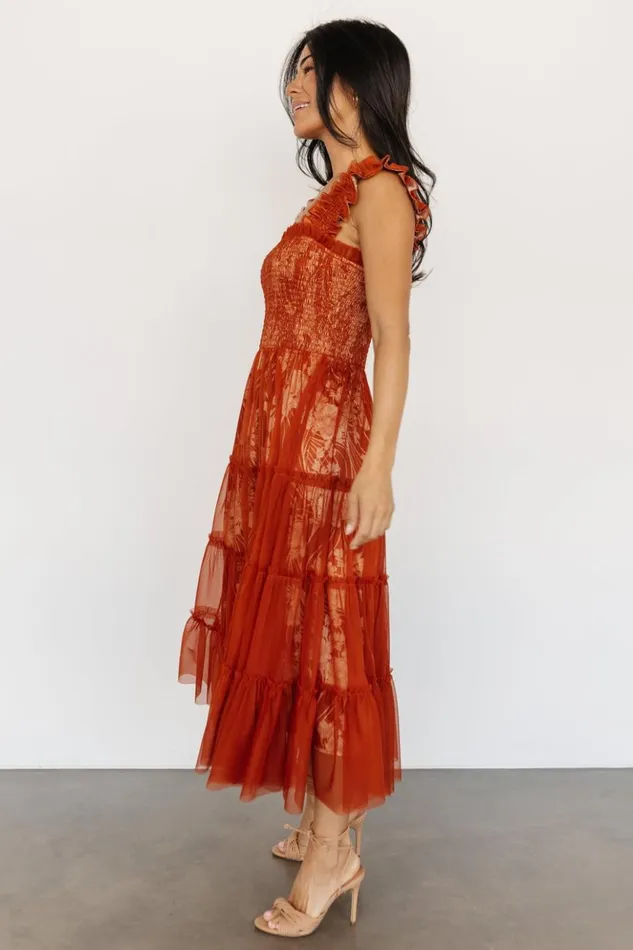 Baltic Born Midi Dresses Cora Smocked Tulle Dress Rust Floral 8211 Women Baltic Born Midi Dresses Cora Smocked Tulle Dress Rust Floral 8211 Women