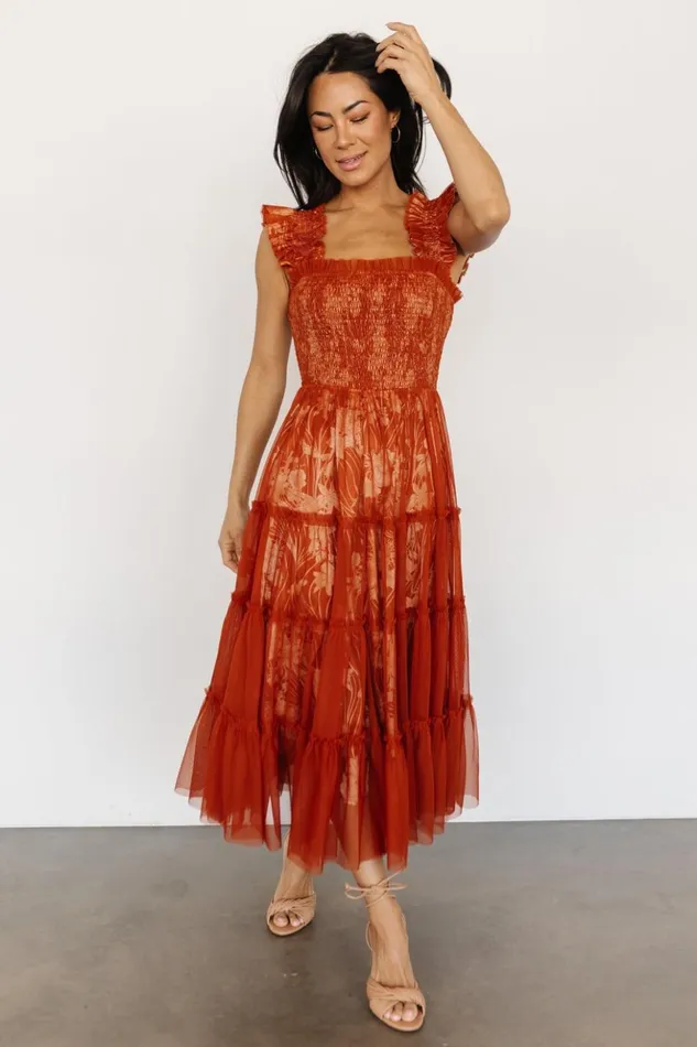 Baltic Born Midi Dresses Cora Smocked Tulle Dress Rust Floral 8211 Women Baltic Born Midi Dresses Cora Smocked Tulle Dress Rust Floral 8211 Women