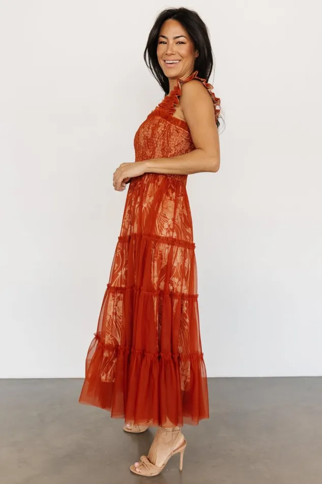 Baltic Born Midi Dresses Cora Smocked Tulle Dress Rust Floral 8211 Women Baltic Born Midi Dresses Cora Smocked Tulle Dress Rust Floral 8211 Women
