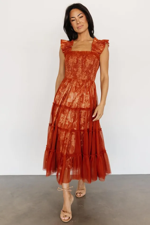 Baltic Born Midi Dresses Cora Smocked Tulle Dress Rust Floral 8211 Women Baltic Born Midi Dresses Cora Smocked Tulle Dress Rust Floral 8211 Women