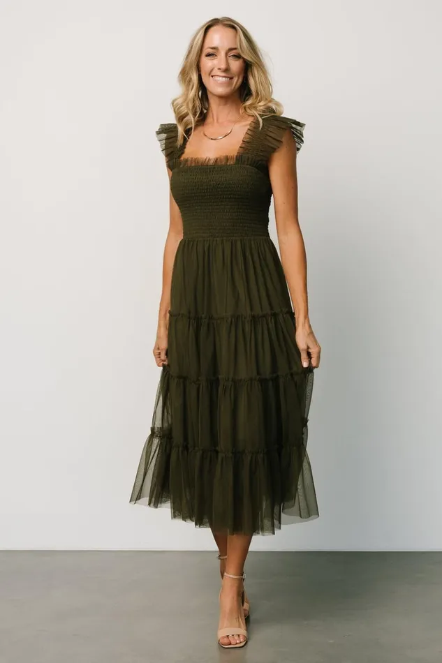 Baltic Born Midi Dresses Emma Smocked Tulle Dress Dark Olive 8211 Women