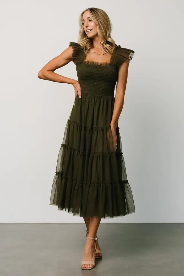 Baltic Born Midi Dresses Emma Smocked Tulle Dress Dark Olive 8211 Women Baltic Born Midi Dresses Emma Smocked Tulle Dress Dark Olive 8211 Women