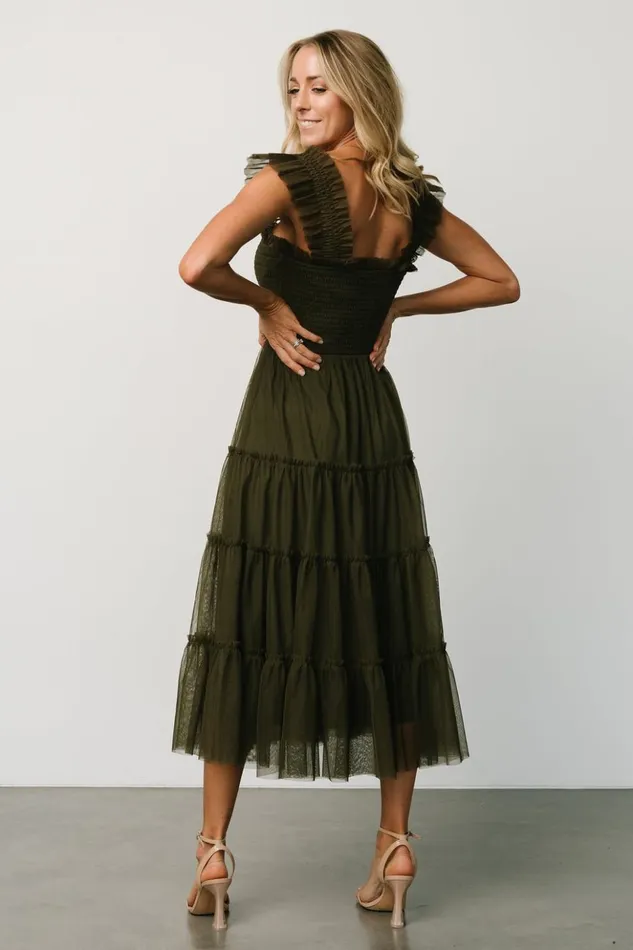 Baltic Born Midi Dresses Emma Smocked Tulle Dress Dark Olive 8211 Women Baltic Born Midi Dresses Emma Smocked Tulle Dress Dark Olive 8211 Women