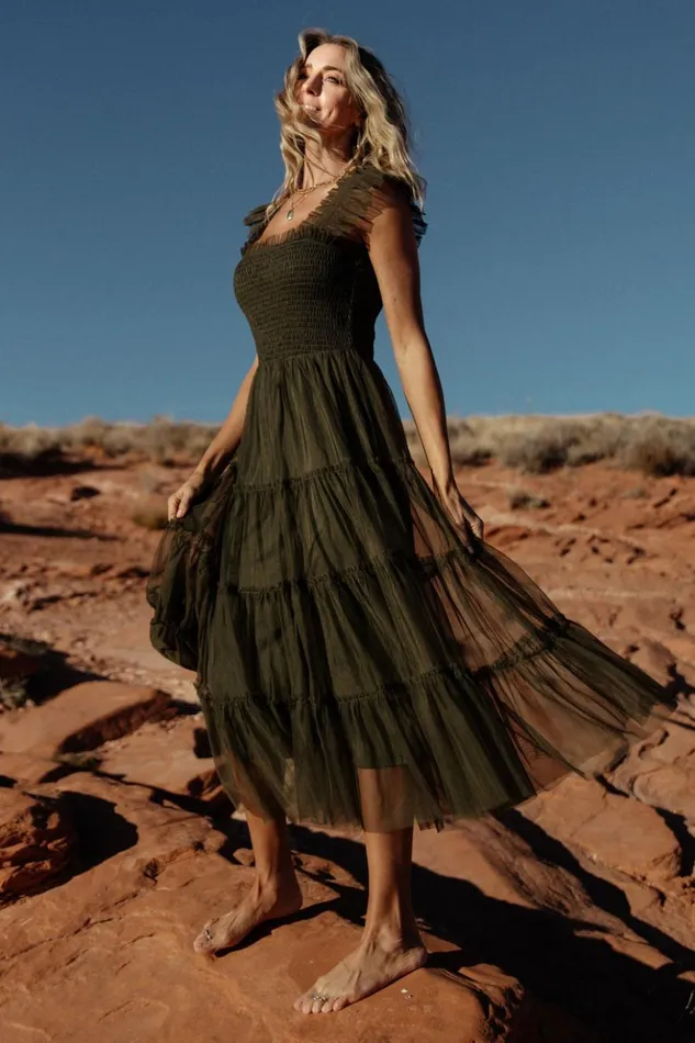 Baltic Born Midi Dresses Emma Smocked Tulle Dress Dark Olive 8211 Women Baltic Born Midi Dresses Emma Smocked Tulle Dress Dark Olive 8211 Women