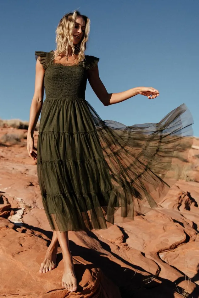 Baltic Born Midi Dresses Emma Smocked Tulle Dress Dark Olive 8211 Women Baltic Born Midi Dresses Emma Smocked Tulle Dress Dark Olive 8211 Women