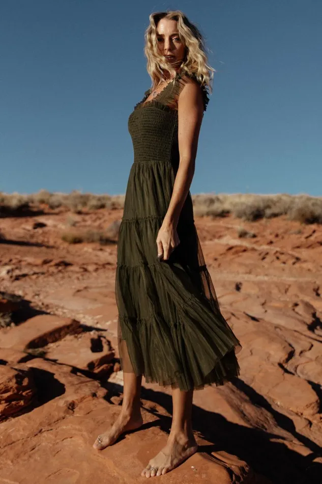 Baltic Born Midi Dresses Emma Smocked Tulle Dress Dark Olive 8211 Women Baltic Born Midi Dresses Emma Smocked Tulle Dress Dark Olive 8211 Women