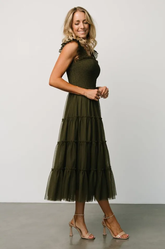 Baltic Born Midi Dresses Emma Smocked Tulle Dress Dark Olive 8211 Women Baltic Born Midi Dresses Emma Smocked Tulle Dress Dark Olive 8211 Women