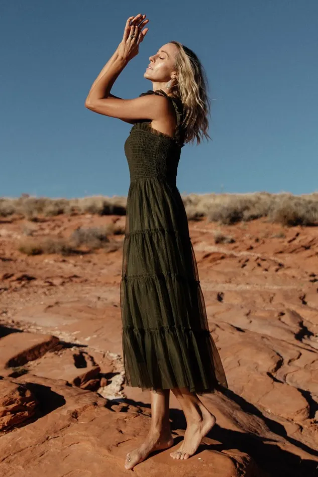 Baltic Born Midi Dresses Emma Smocked Tulle Dress Dark Olive 8211 Women Baltic Born Midi Dresses Emma Smocked Tulle Dress Dark Olive 8211 Women