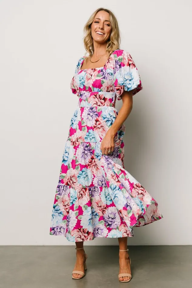 Baltic Born Midi Dresses Iva Puff Sleeve Midi Dress Fuchsia Multi Floral 8211 Women Baltic Born Midi Dresses Iva Puff Sleeve Midi Dress Fuchsia Multi Floral 8211 Women