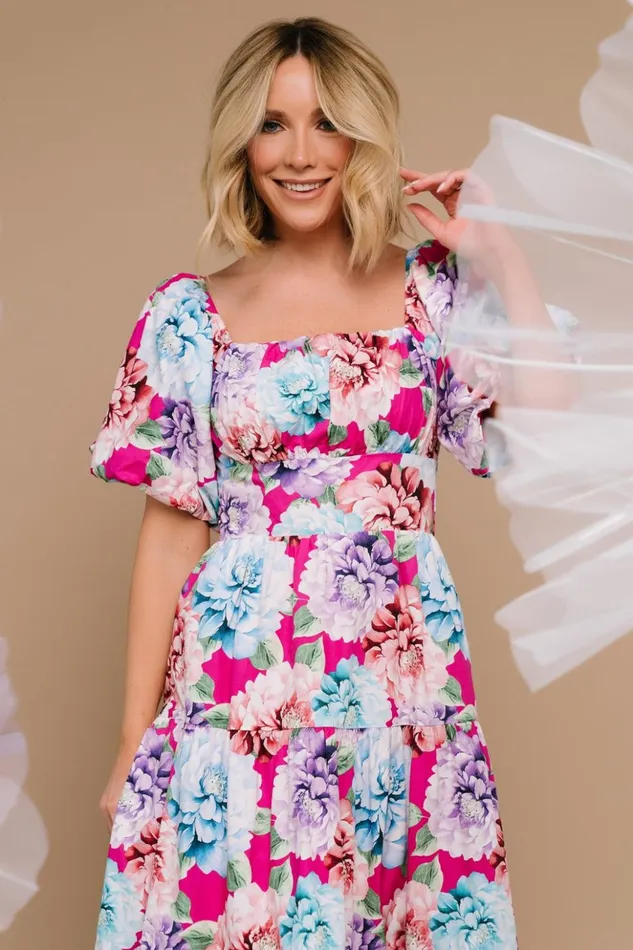 Baltic Born Midi Dresses Iva Puff Sleeve Midi Dress Fuchsia Multi Floral 8211 Women Baltic Born Midi Dresses Iva Puff Sleeve Midi Dress Fuchsia Multi Floral 8211 Women