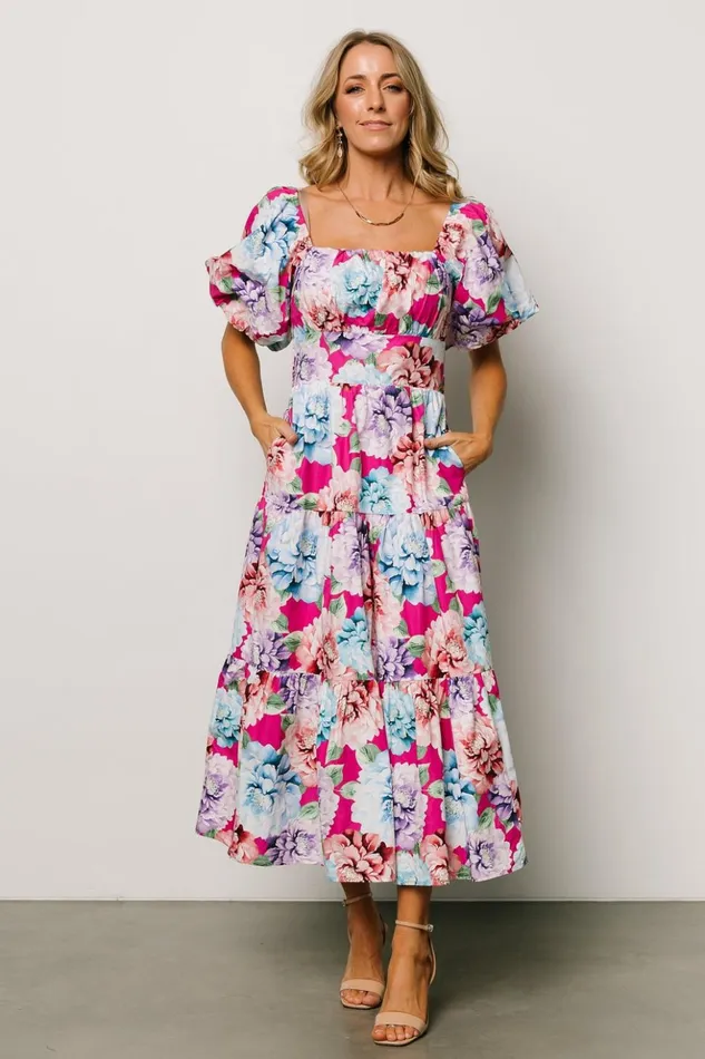 Baltic Born Midi Dresses Iva Puff Sleeve Midi Dress Fuchsia Multi Floral 8211 Women Baltic Born Midi Dresses Iva Puff Sleeve Midi Dress Fuchsia Multi Floral 8211 Women