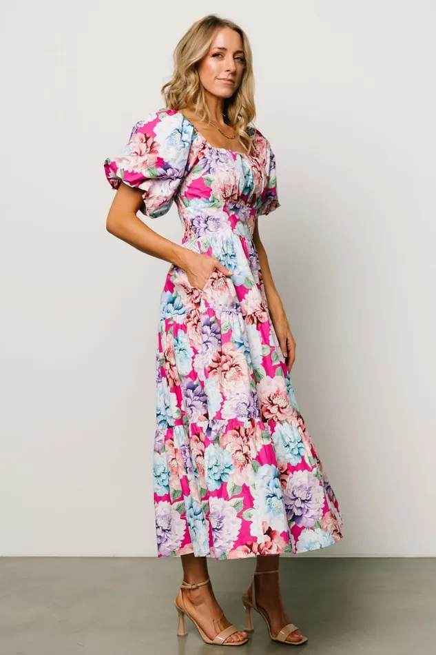 Baltic Born Midi Dresses Iva Puff Sleeve Midi Dress Fuchsia Multi Floral 8211 Women Baltic Born Midi Dresses Iva Puff Sleeve Midi Dress Fuchsia Multi Floral 8211 Women