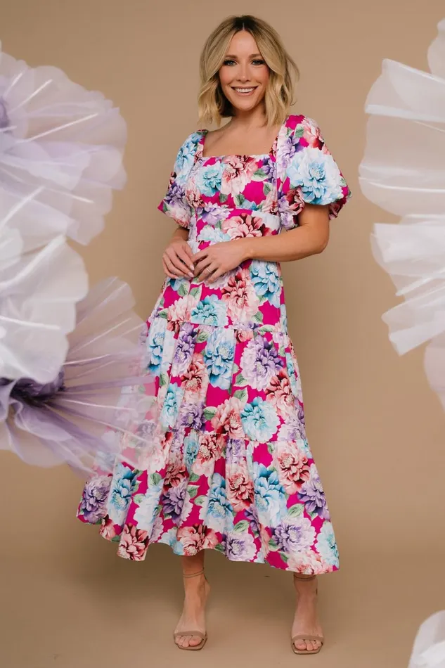 Baltic Born Midi Dresses Iva Puff Sleeve Midi Dress Fuchsia Multi Floral 8211 Women Baltic Born Midi Dresses Iva Puff Sleeve Midi Dress Fuchsia Multi Floral 8211 Women