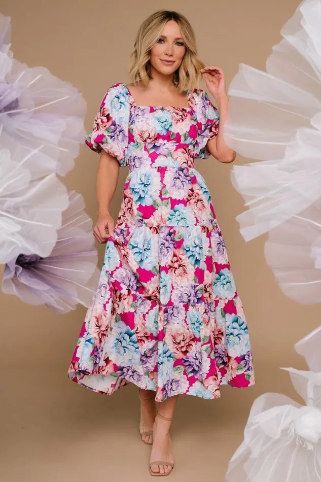 Baltic Born Midi Dresses Iva Puff Sleeve Midi Dress Fuchsia Multi Floral 8211 Women Baltic Born Midi Dresses Iva Puff Sleeve Midi Dress Fuchsia Multi Floral 8211 Women