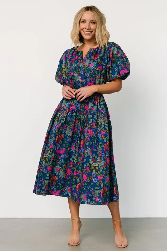 Baltic Born Midi Dresses Karol Puff Sleeve Midi Dress Blue Multi 8211 Women Baltic Born Midi Dresses Karol Puff Sleeve Midi Dress Blue Multi 8211 Women