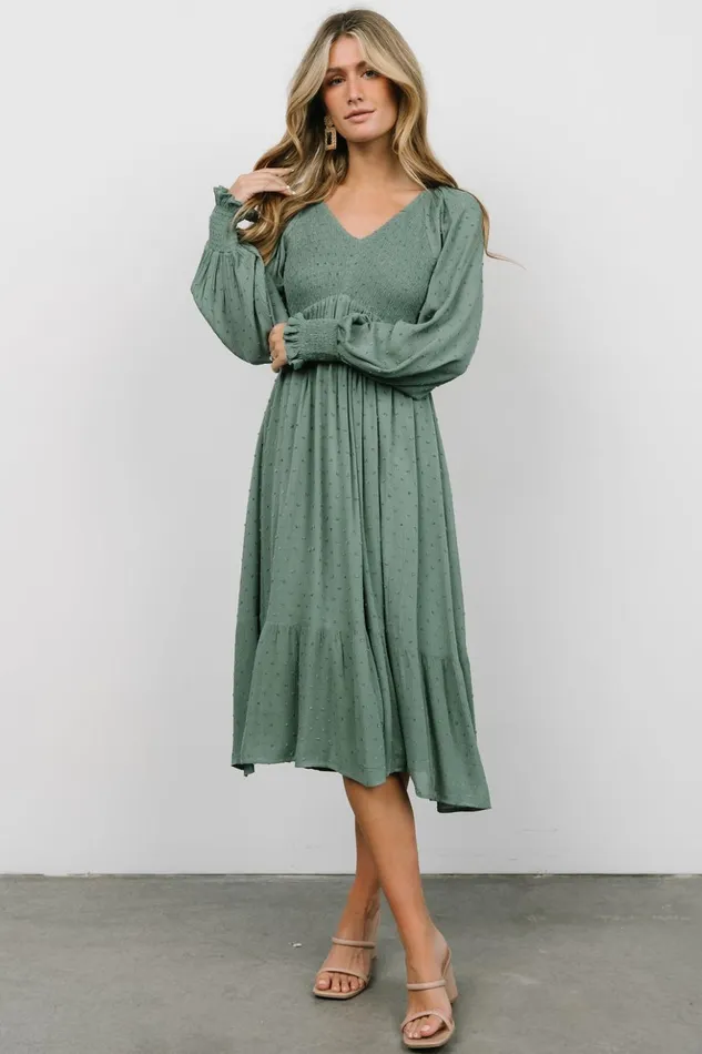 Baltic Born Midi Dresses Lainey Smocked Dotted Midi Dress Dark Sage 8211 Women Baltic Born Midi Dresses Lainey Smocked Dotted Midi Dress Dark Sage 8211 Women