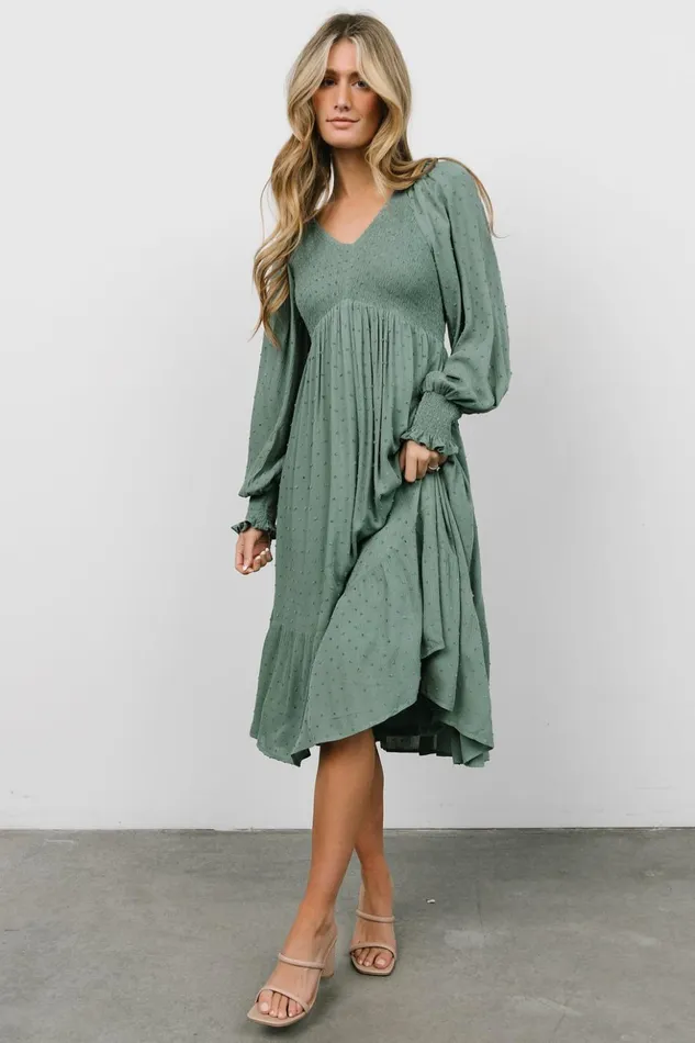 Baltic Born Midi Dresses Lainey Smocked Dotted Midi Dress Dark Sage 8211 Women Baltic Born Midi Dresses Lainey Smocked Dotted Midi Dress Dark Sage 8211 Women